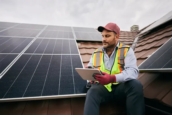 Técnico realizando mantenimiento de placas solares